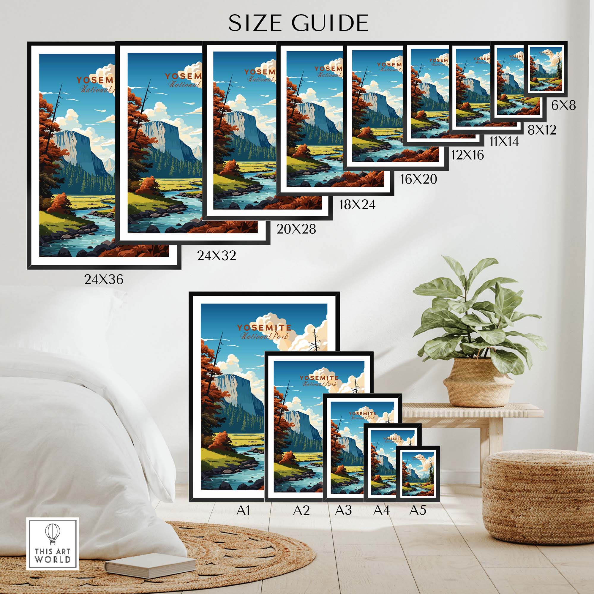Size guide for Yosemite poster prints displayed in various frames and sizes in a cozy living space.