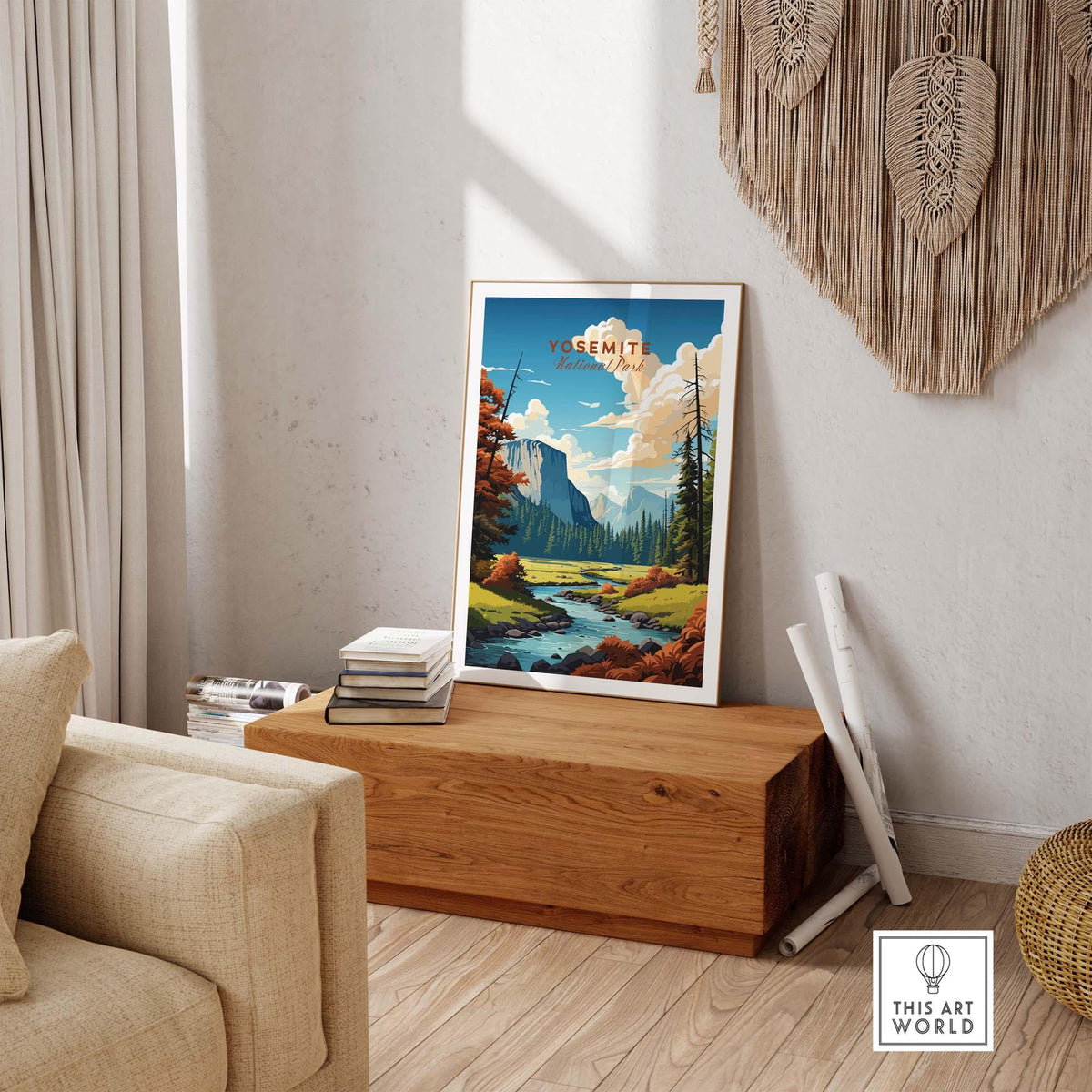 Yosemite poster framed and displayed in a stylish living room with natural decor, showcasing the beauty of Yosemite National Park.