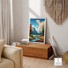 Yosemite poster framed and displayed in a stylish living room with natural decor, showcasing the beauty of Yosemite National Park.