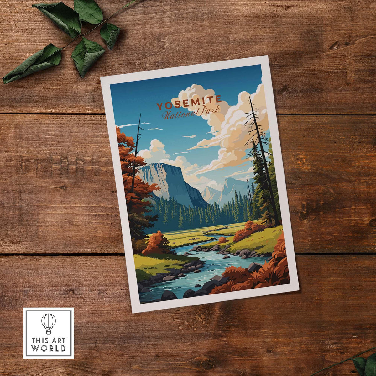 Yosemite National Park poster featuring vibrant landscapes and a serene river scene, ideal for home decor.