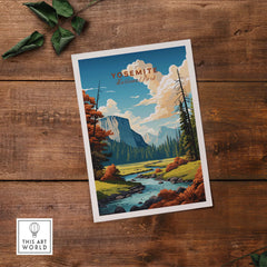 Yosemite National Park poster featuring vibrant landscapes and a serene river scene, ideal for home decor.