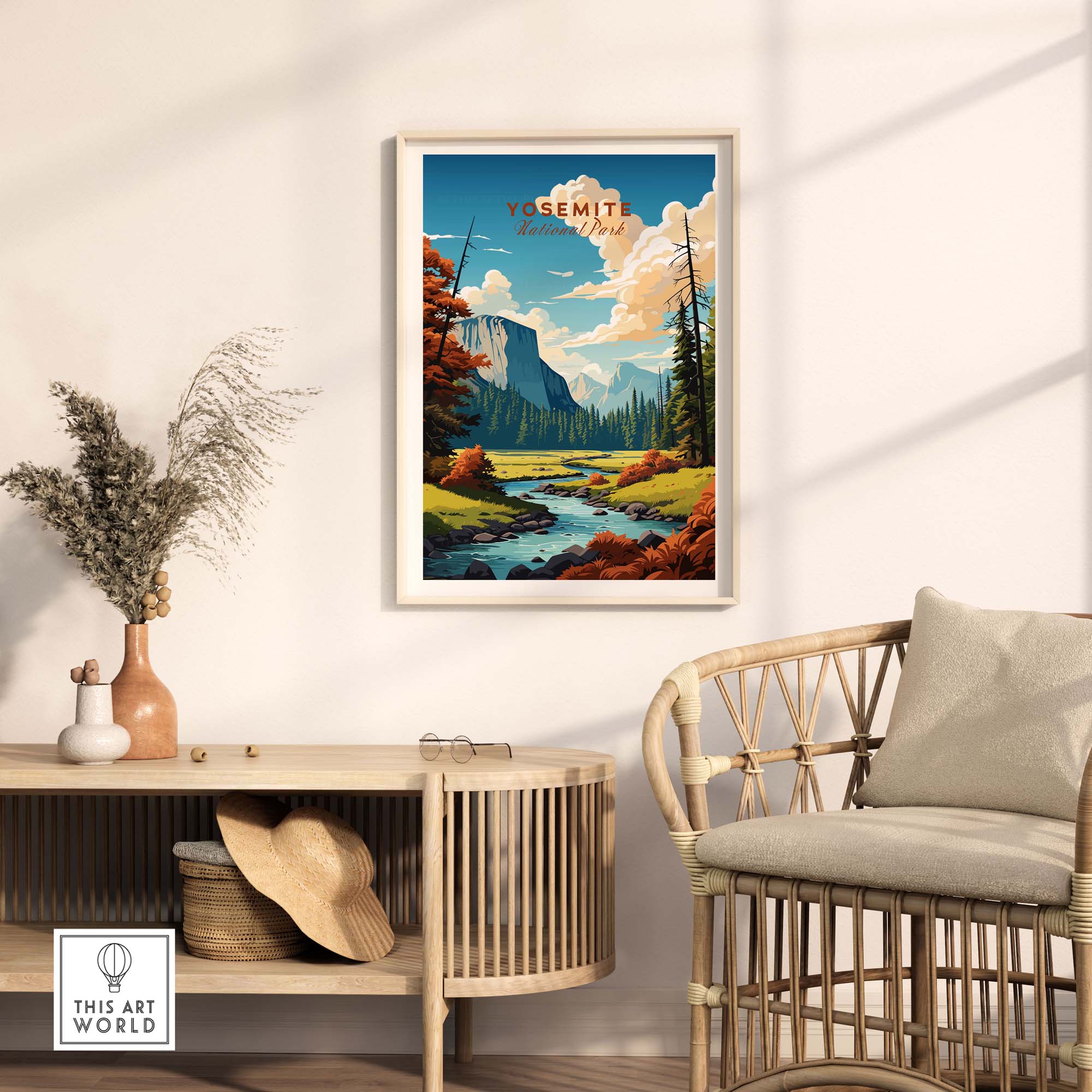 Yosemite National Park poster framed and displayed in a modern living space with natural decor.