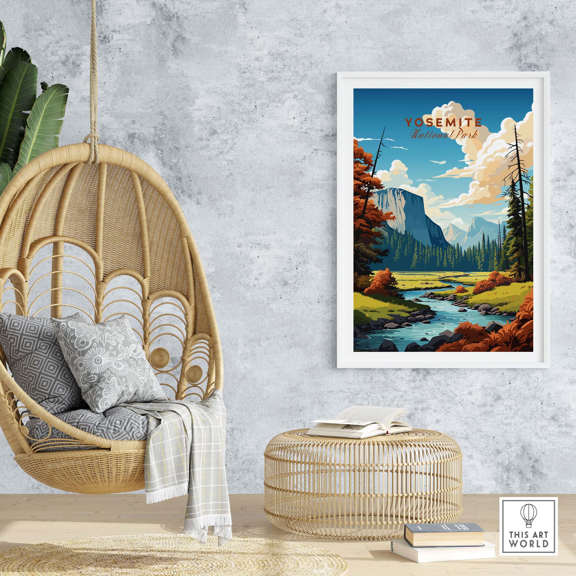 Framed Yosemite National Park poster displayed in a cozy living space with a hanging chair and natural decor.
