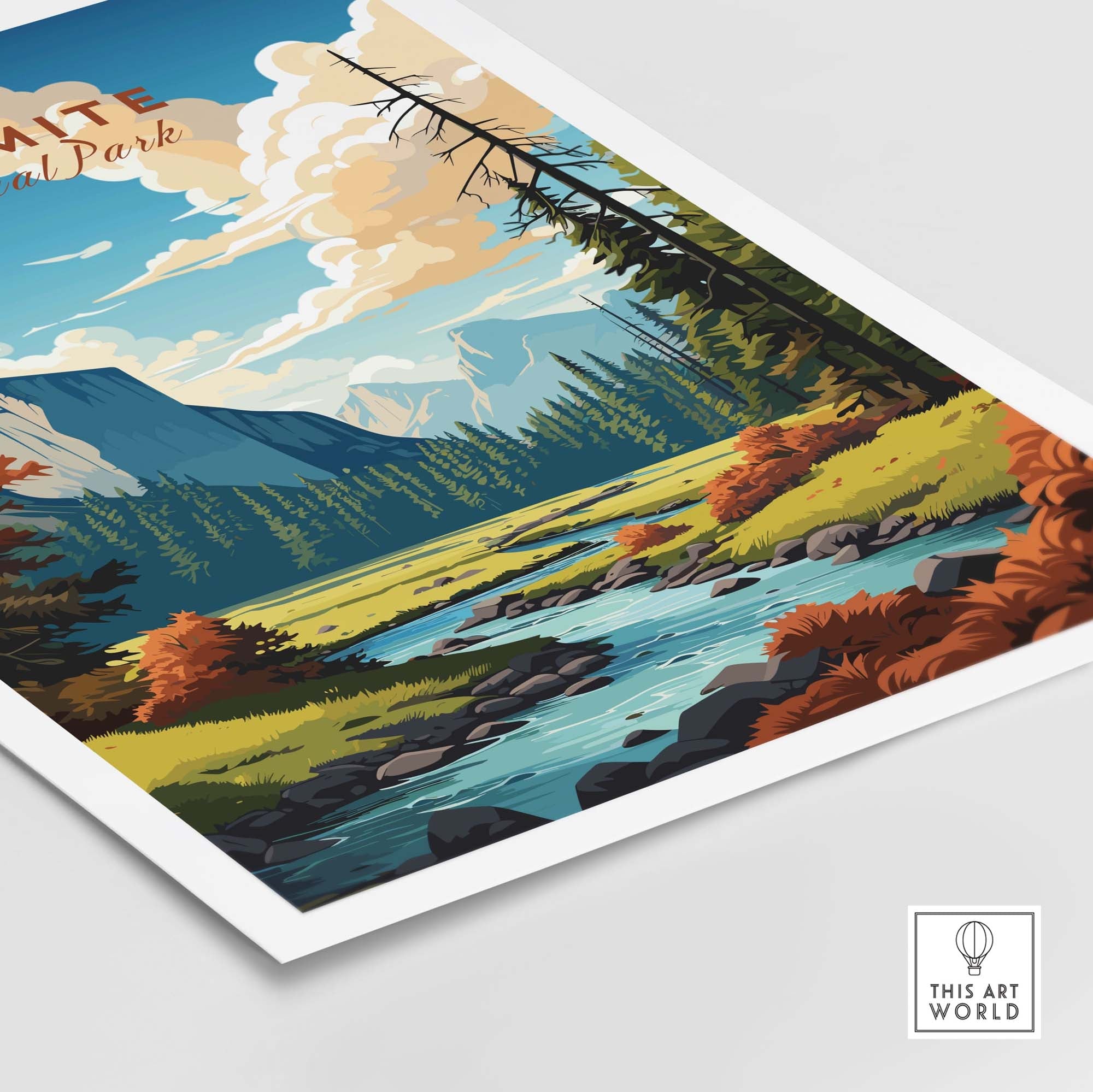 Yosemite National Park poster featuring vibrant landscapes, mountains, and a tranquil river, perfect for home decor.