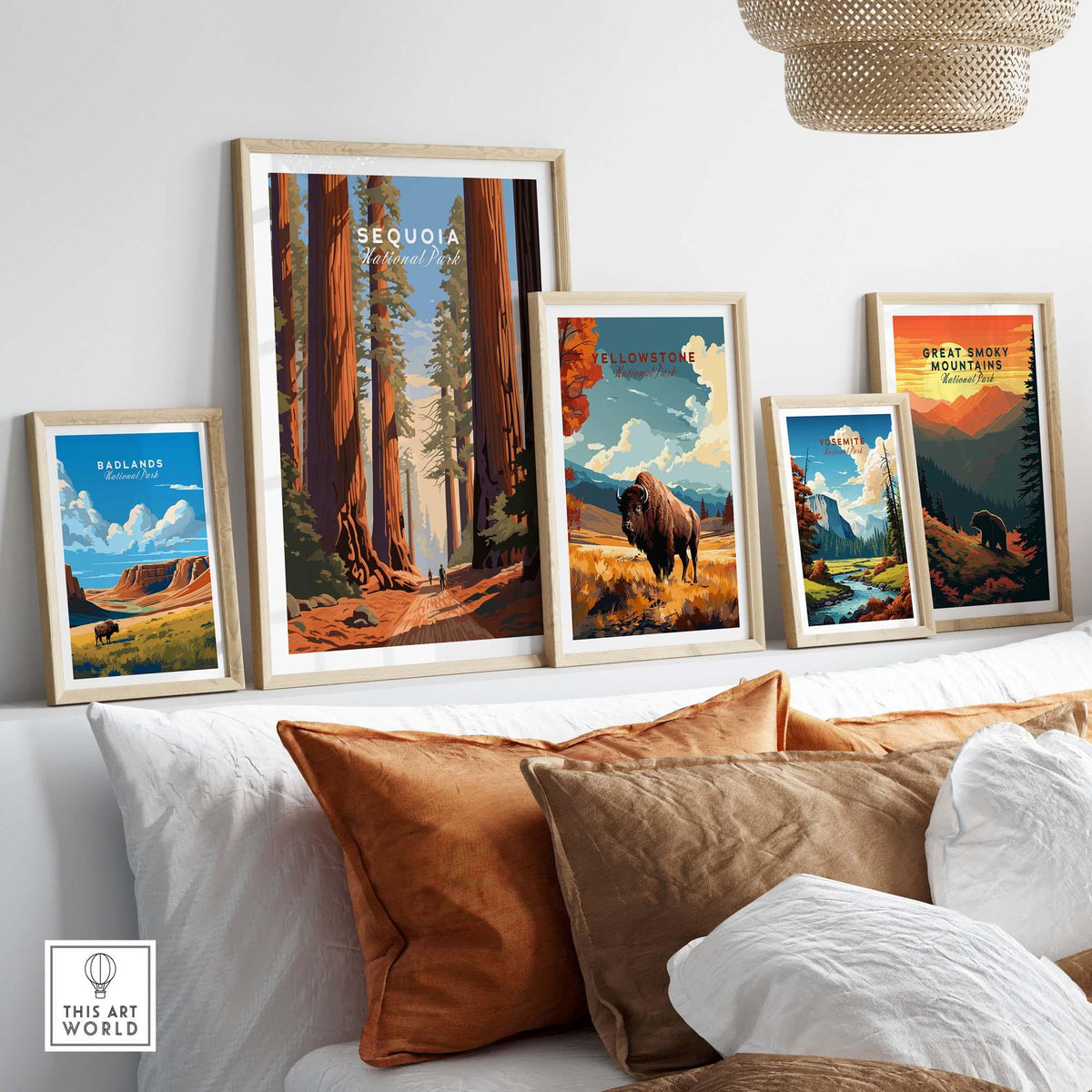 Framed national park posters featuring Sequoia, Yellowstone, and Great Smoky Mountains in a cozy living space.