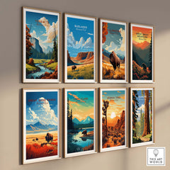 Collection of vibrant national park posters, including Yosemite and Badlands, framed and displayed on a wall.