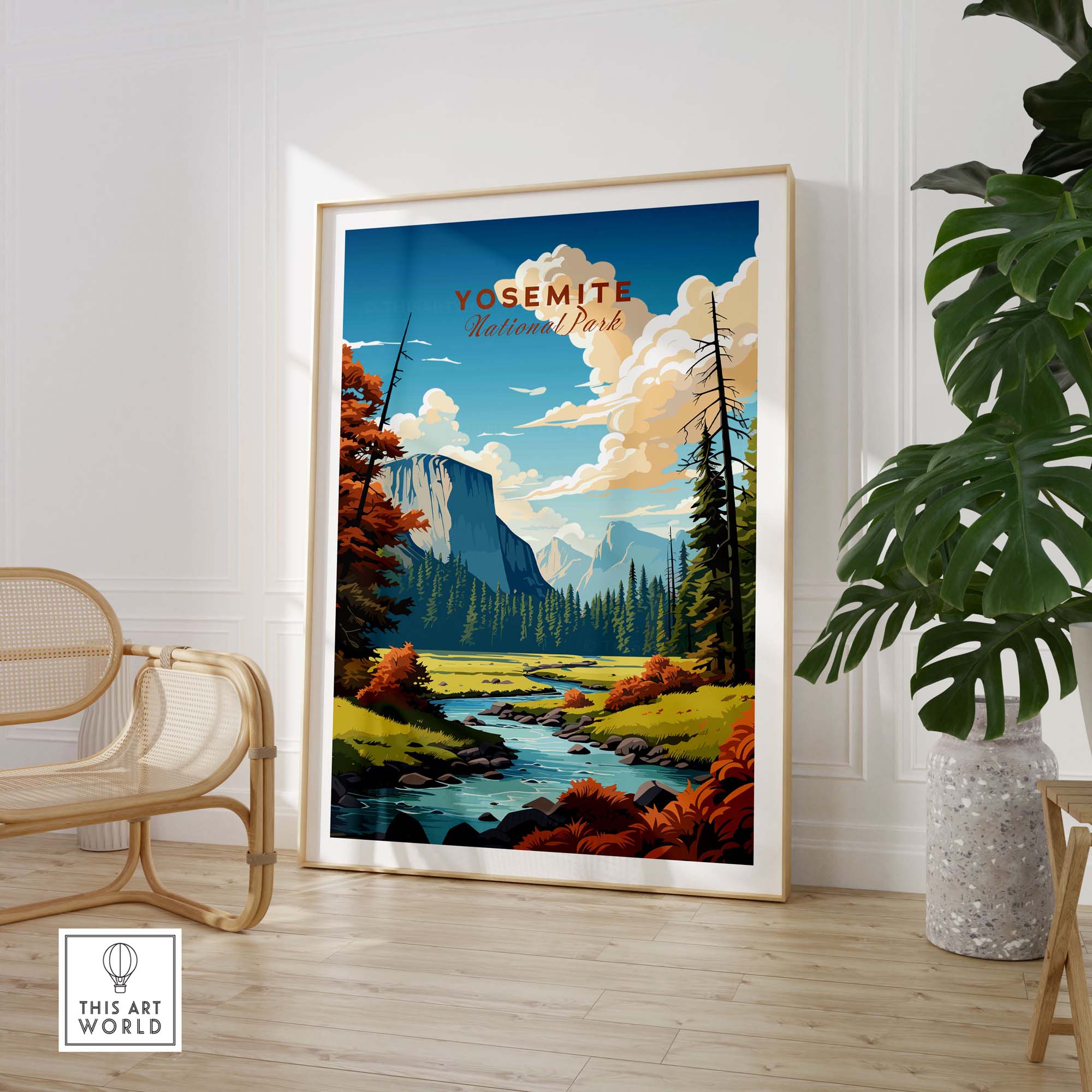 Yosemite National Park poster showcasing vibrant landscapes, framed and displayed in a stylish interior setting.