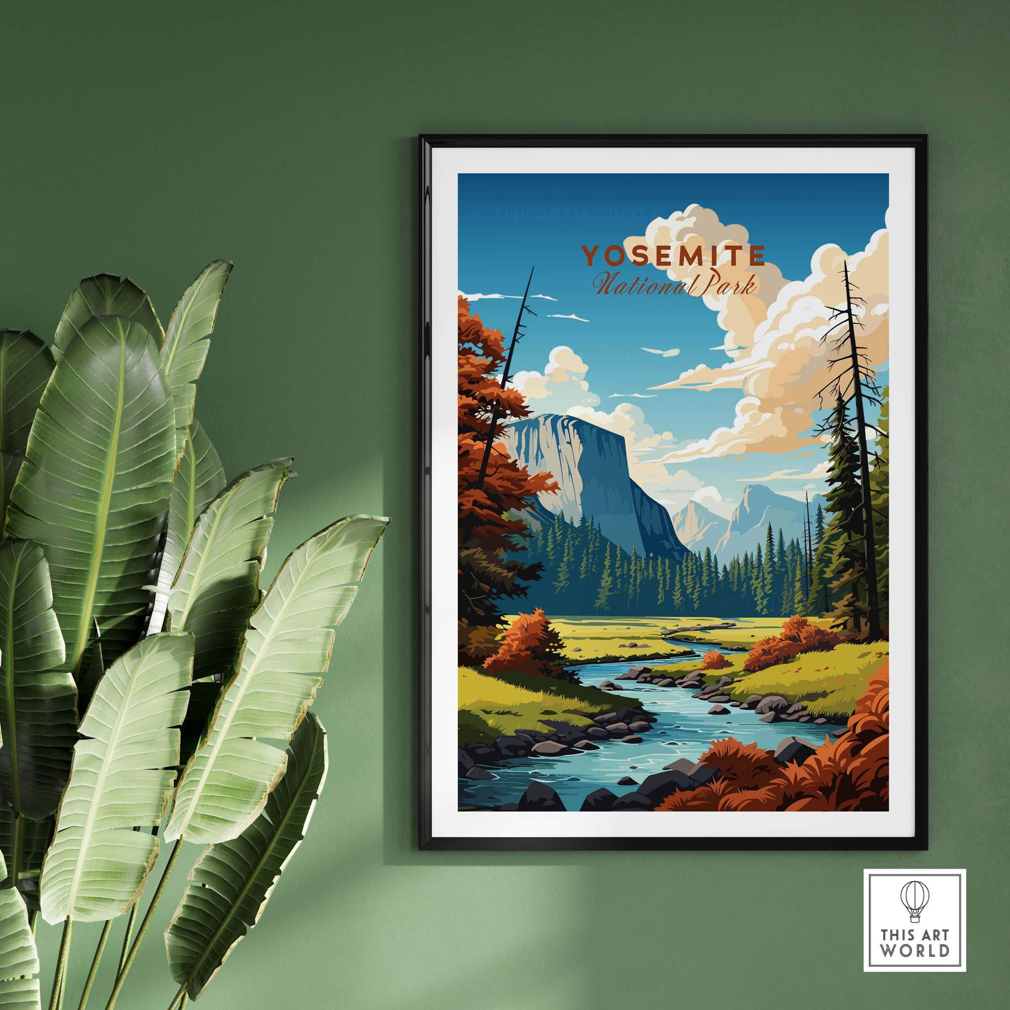 Yosemite National Park poster framed on a wall, showcasing vibrant nature scenery and lush greenery. Perfect for inspiring decor.