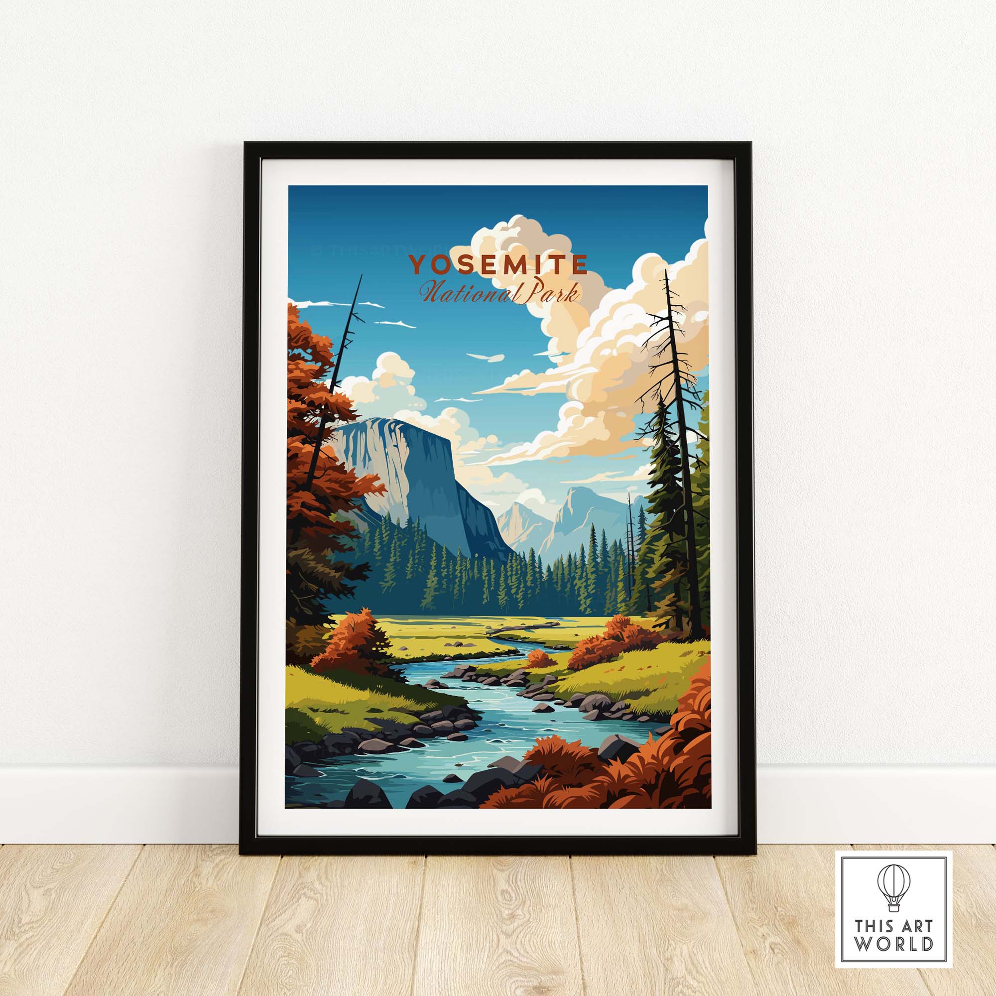 Yosemite National Park poster framed against a white wall, showcasing vibrant nature and stunning landscapes.