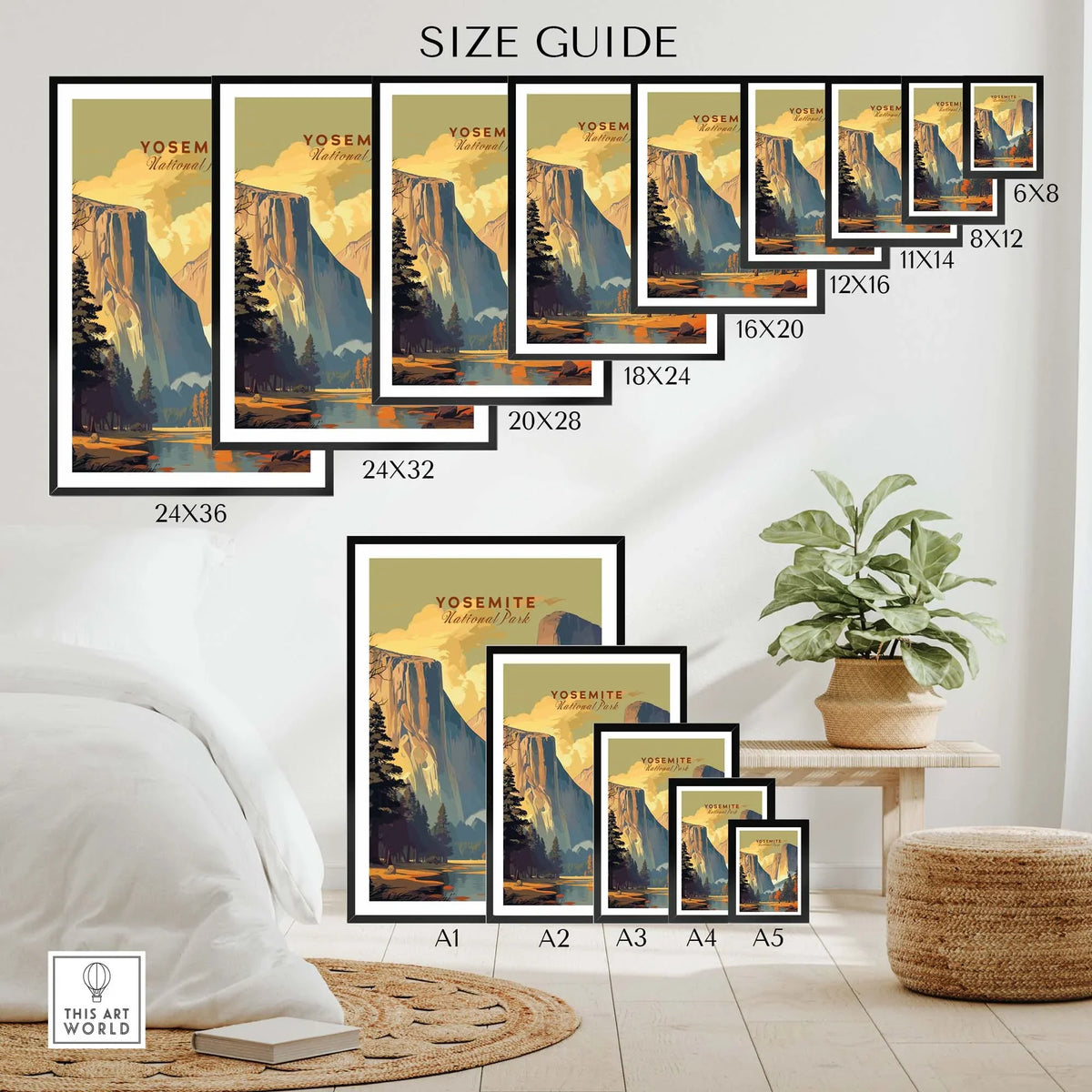 Size guide for Yosemite Print showcasing various framed and unframed sizes in a stylish interior setting.