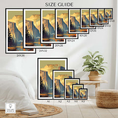 Size guide for Yosemite Print showcasing various framed and unframed sizes in a stylish interior setting.