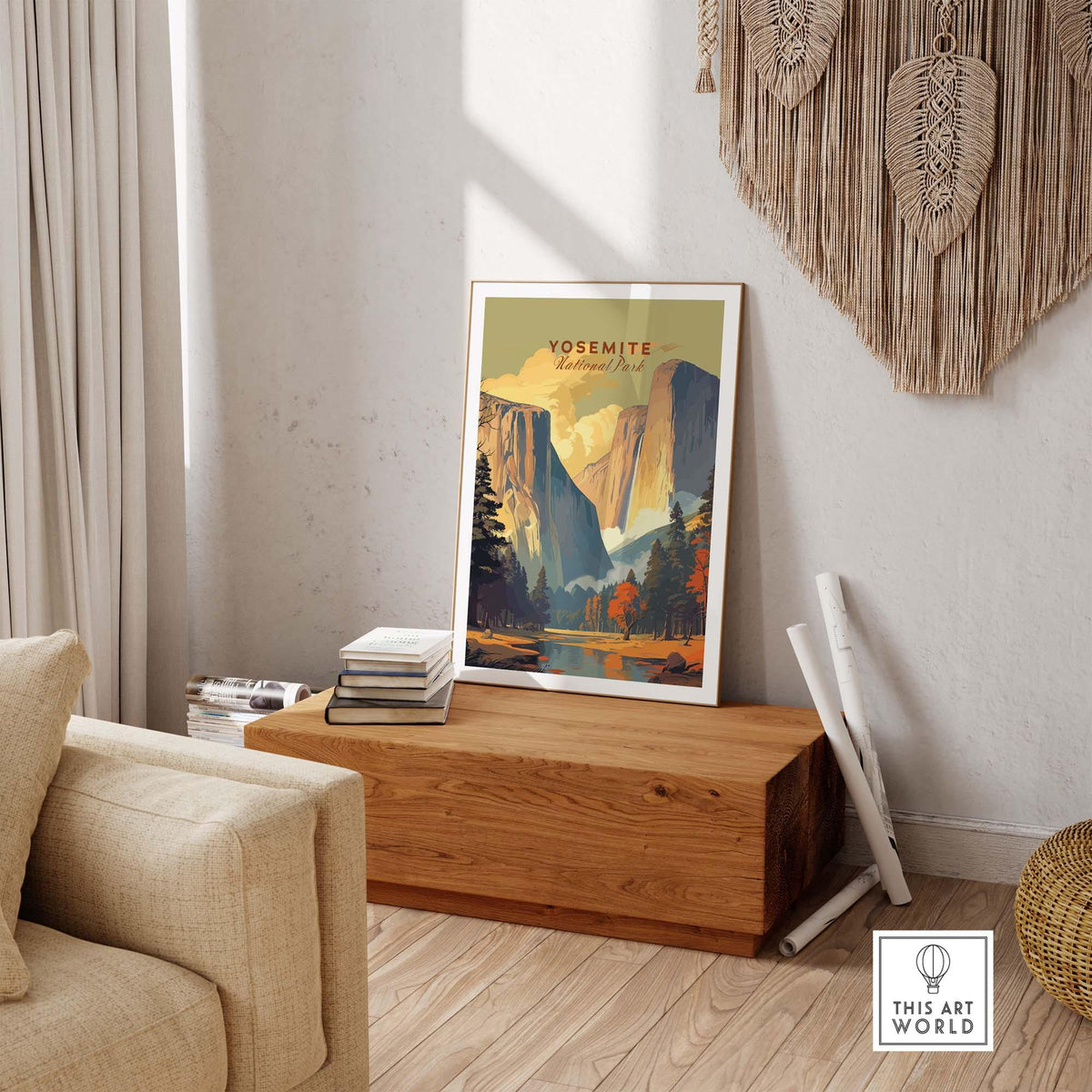 Yosemite print framed in a cozy living room setting, showcasing the beauty of Yosemite National Park.