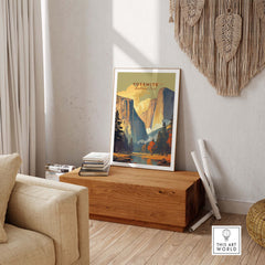 Yosemite print framed in a cozy living room setting, showcasing the beauty of Yosemite National Park.