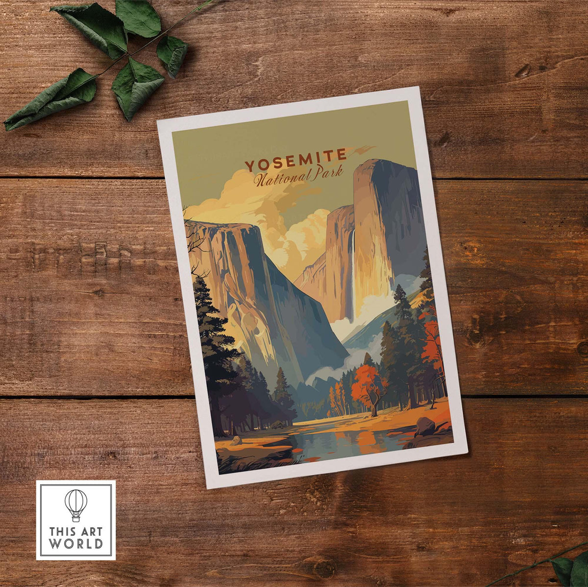 Yosemite National Park print featuring stunning mountains and autumn foliage on a rustic wooden background.