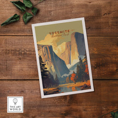 Yosemite National Park print featuring stunning mountains and autumn foliage on a rustic wooden background.