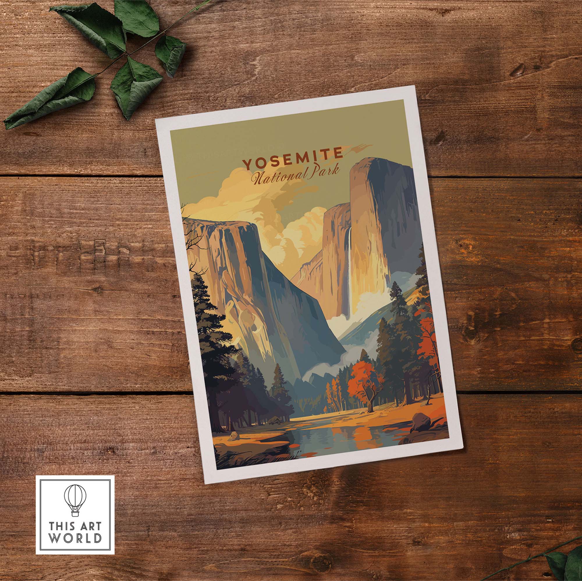 Yosemite National Park print featuring stunning mountains and autumn foliage on a rustic wooden background.