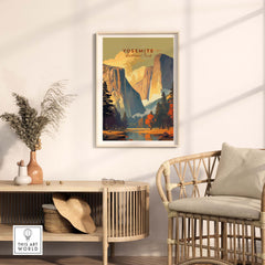Yosemite Print poster showcased in a stylish room with modern decor, perfect for nature lovers and home decor enthusiasts.