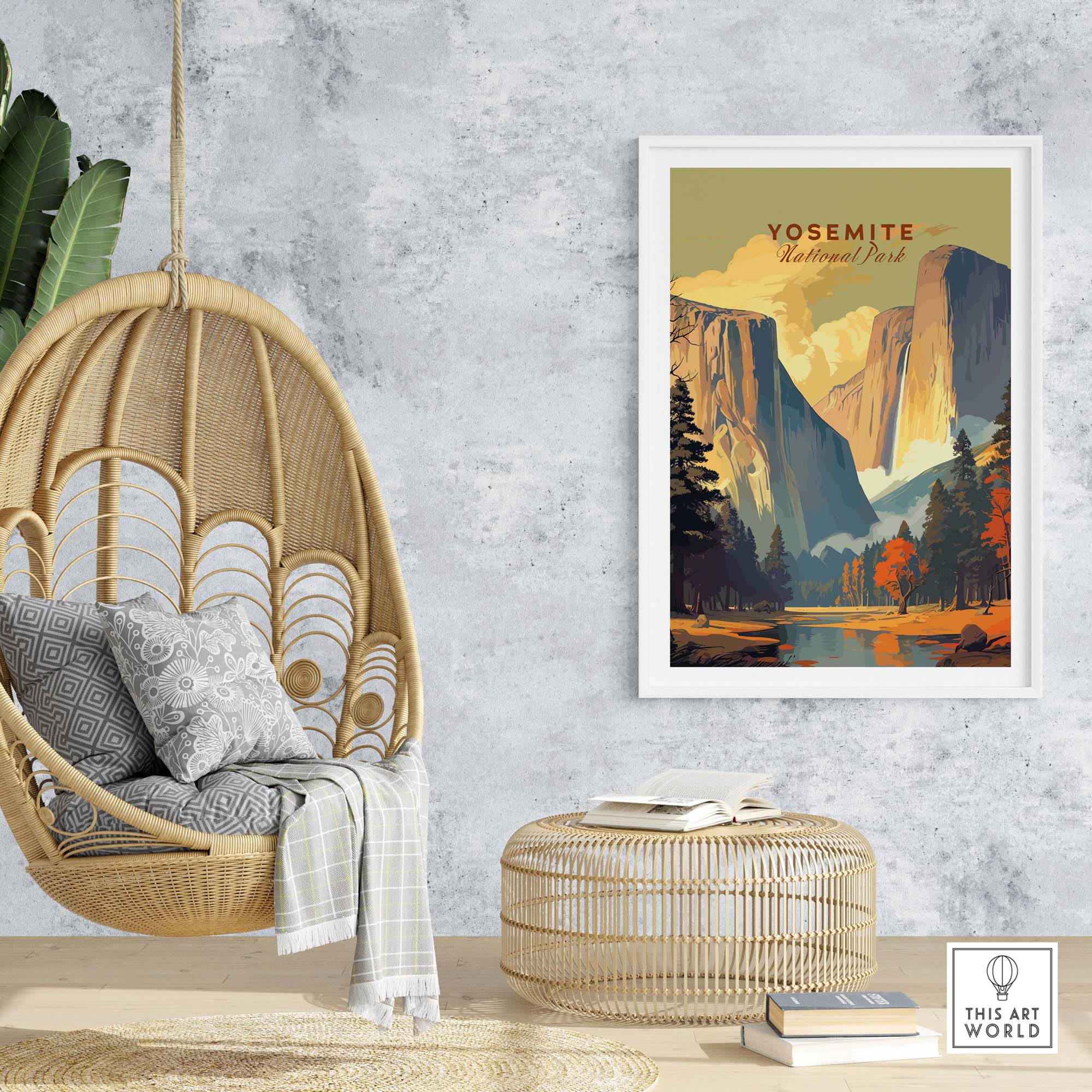 Stunning Yosemite National Park print framed, displayed in a cozy indoor setting with hanging chair and natural decor.
