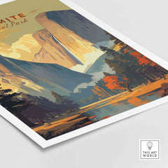 Yosemite National Park print featuring stunning landscapes and vibrant colors, perfect for nature lovers' decor.