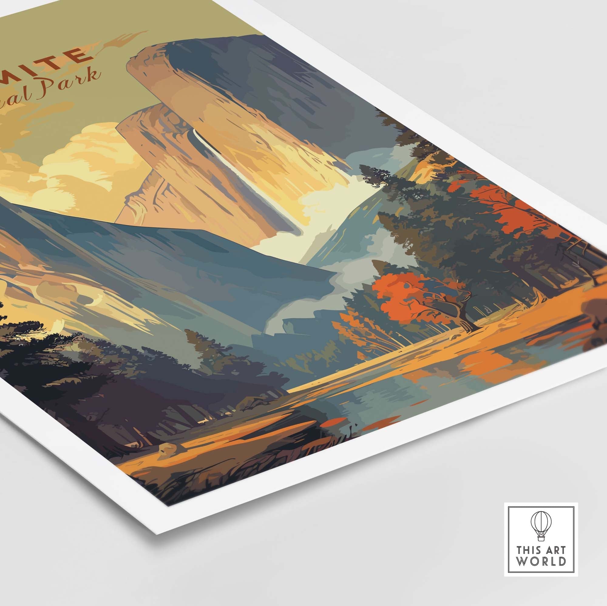 Yosemite National Park print featuring stunning landscapes and vibrant colors, perfect for nature lovers' decor.