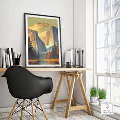 Yosemite National Park print displayed in a modern workspace, showcasing nature's beauty and artful design.