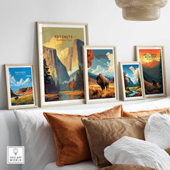 Framed Yosemite National Park print displayed among other national park posters in a stylish interior setting.