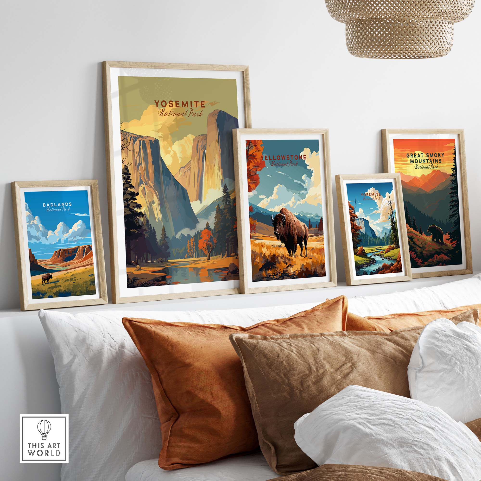 Framed Yosemite National Park print displayed among other national park posters in a stylish interior setting.
