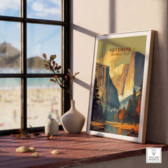 Framed Yosemite print displayed on a table by a window, capturing the beauty of Yosemite National Park.