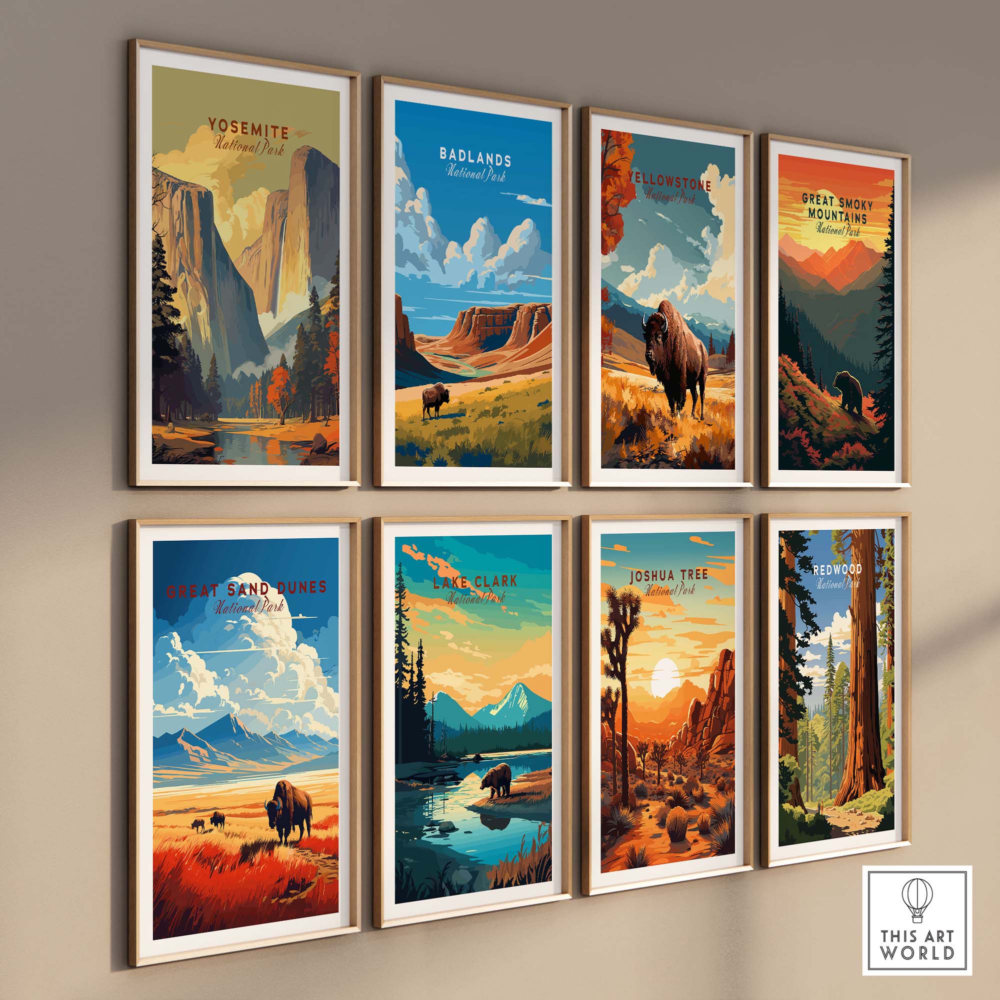 Framed national park posters, featuring Yosemite, Badlands, and others, displayed on a wall showcasing outdoor beauty.