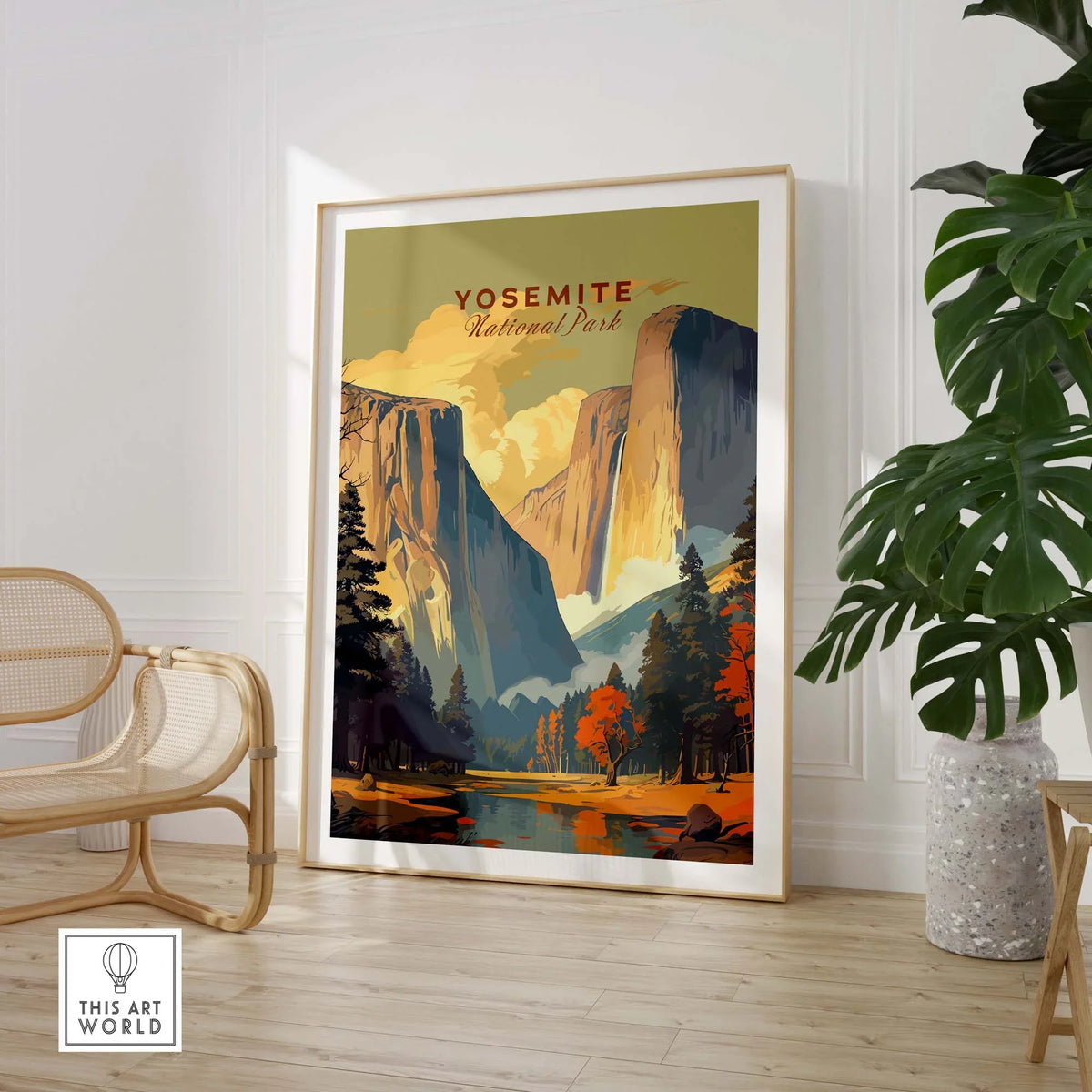 Framed Yosemite National Park poster showcasing stunning mountain and river landscape, perfect for nature lovers' home decor.