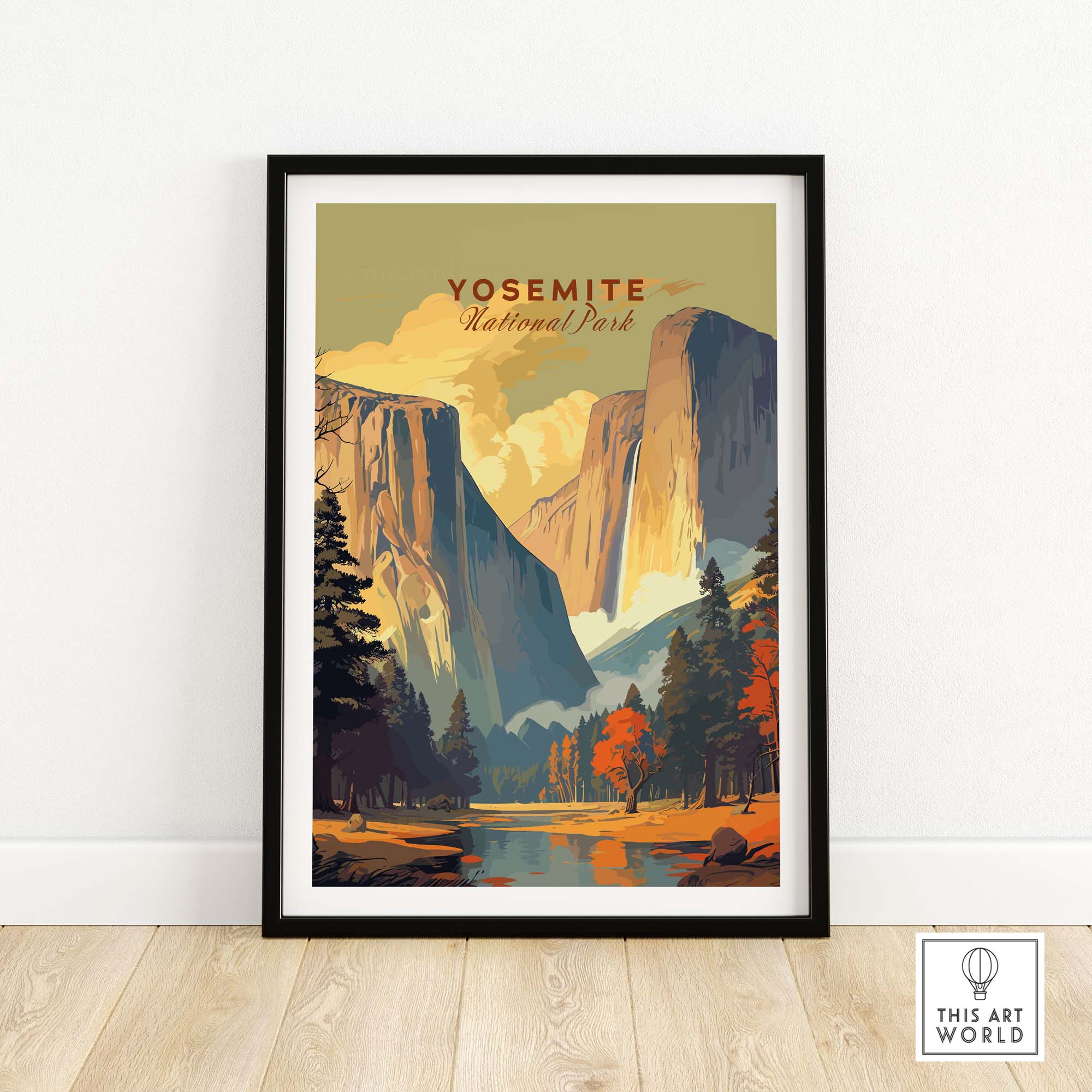 Yosemite National Park poster print in a framed display, showcasing vibrant landscapes and autumn colors. Museum-quality art piece.