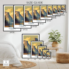 Size guide for Yosemite wall art prints displayed in various frame sizes in a cozy living room setting.