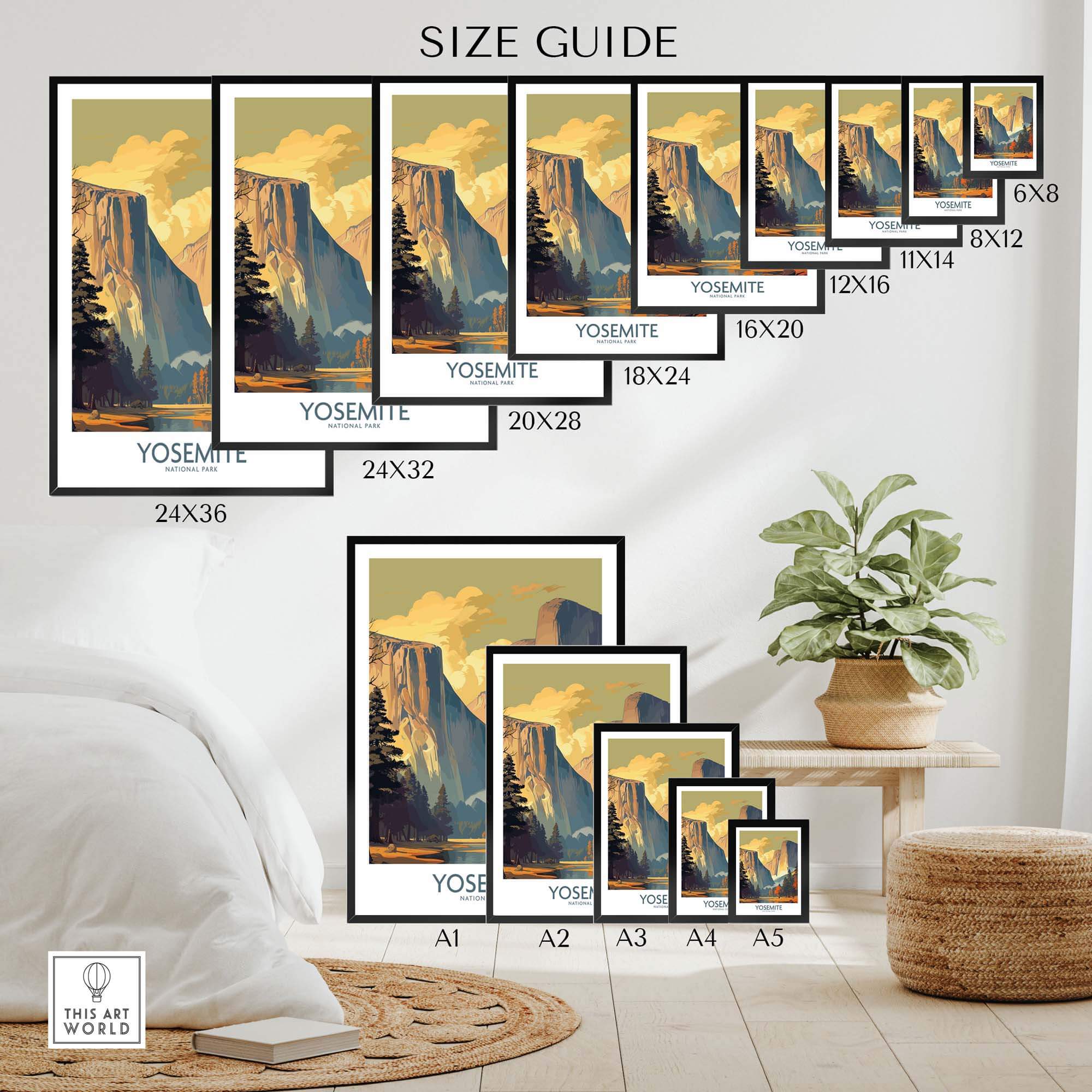 Size guide for Yosemite wall art prints displayed in various frame sizes in a cozy living room setting.