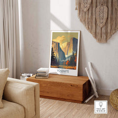 Yosemite wall art displayed in a cozy living room, showcasing the stunning beauty of Yosemite National Park.