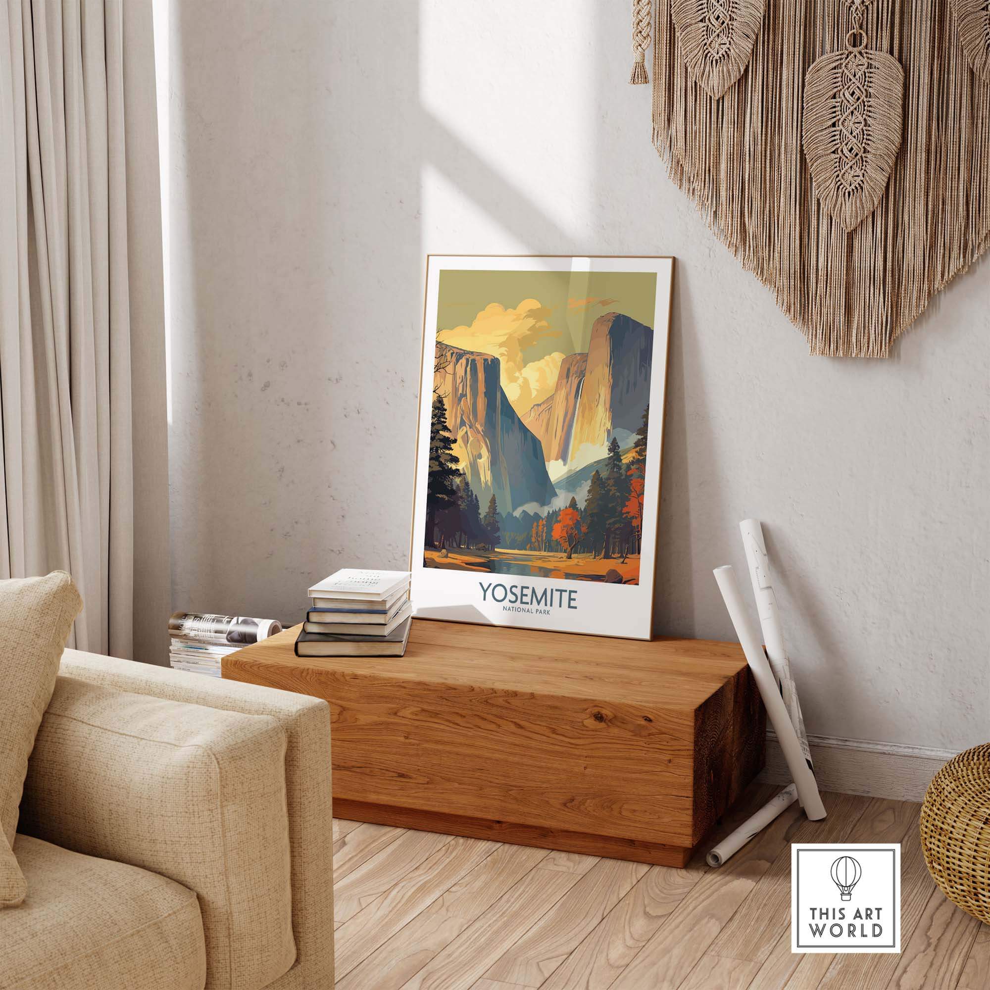 Yosemite wall art displayed in a cozy living room, showcasing the stunning beauty of Yosemite National Park.