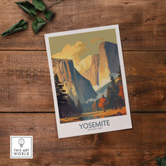 Yosemite National Park wall art print featuring iconic cliffs and vibrant autumn colors on rustic wooden background.