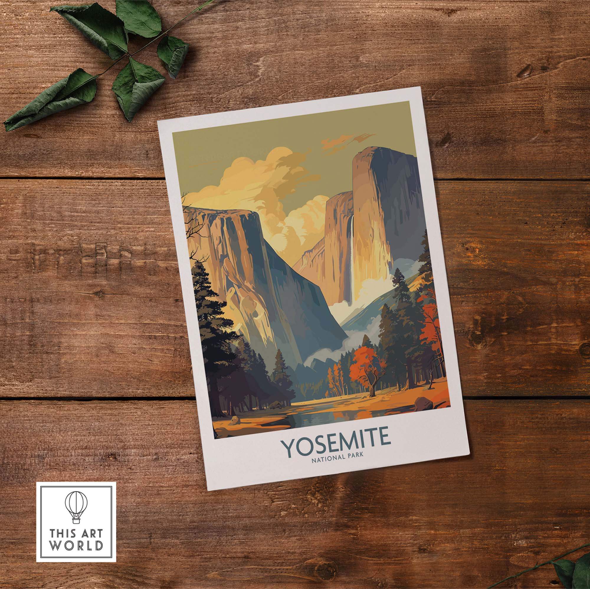 Yosemite National Park wall art print featuring iconic cliffs and vibrant autumn colors on rustic wooden background.