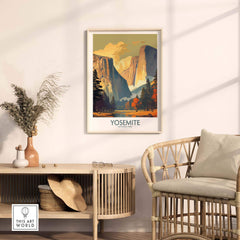 Yosemite wall art in a stylish living room setting, featuring vibrant colors and stunning mountain scenery.