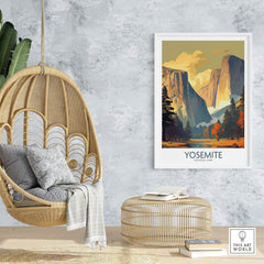 Yosemite National Park wall art displayed in a cozy living space with a hanging chair and natural decor accents.