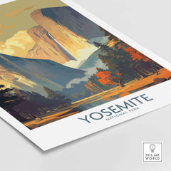 Yosemite National Park wall art print featuring vibrant mountains and autumn trees on high-quality art paper.