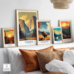 Yosemite and National Park wall art displayed in a cozy living room, featuring vibrant landscapes and nature themes.