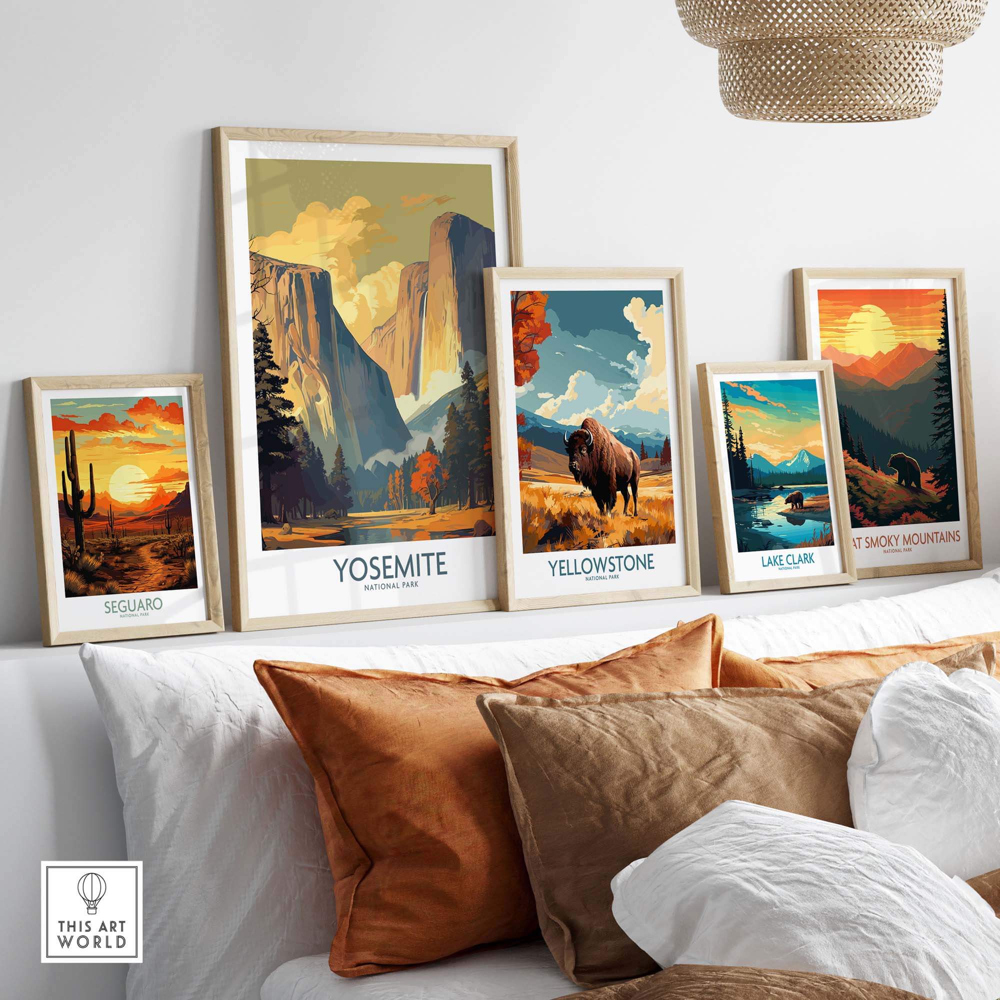 Yosemite and National Park wall art displayed in a cozy living room, featuring vibrant landscapes and nature themes.