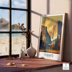 Yosemite National Park wall art displayed on a windowsill, showcasing scenic mountain landscape and natural beauty.