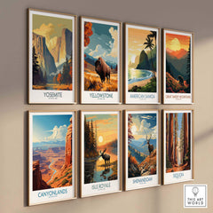 Framed prints of national parks including Yosemite, Yellowstone, and Sequoia displayed on a wall, showcasing nature's beauty.