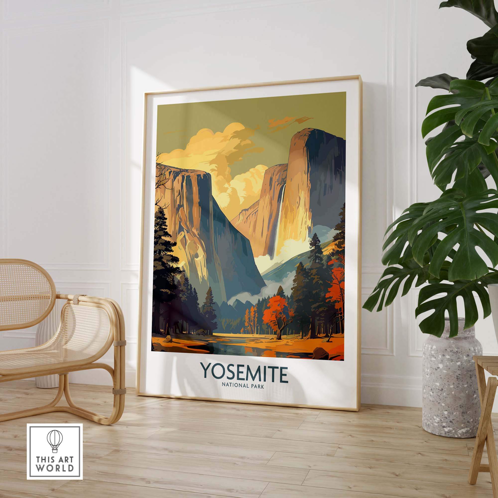 Yosemite National Park wall art print framed, showcasing stunning landscapes in vibrant colors for home decor.
