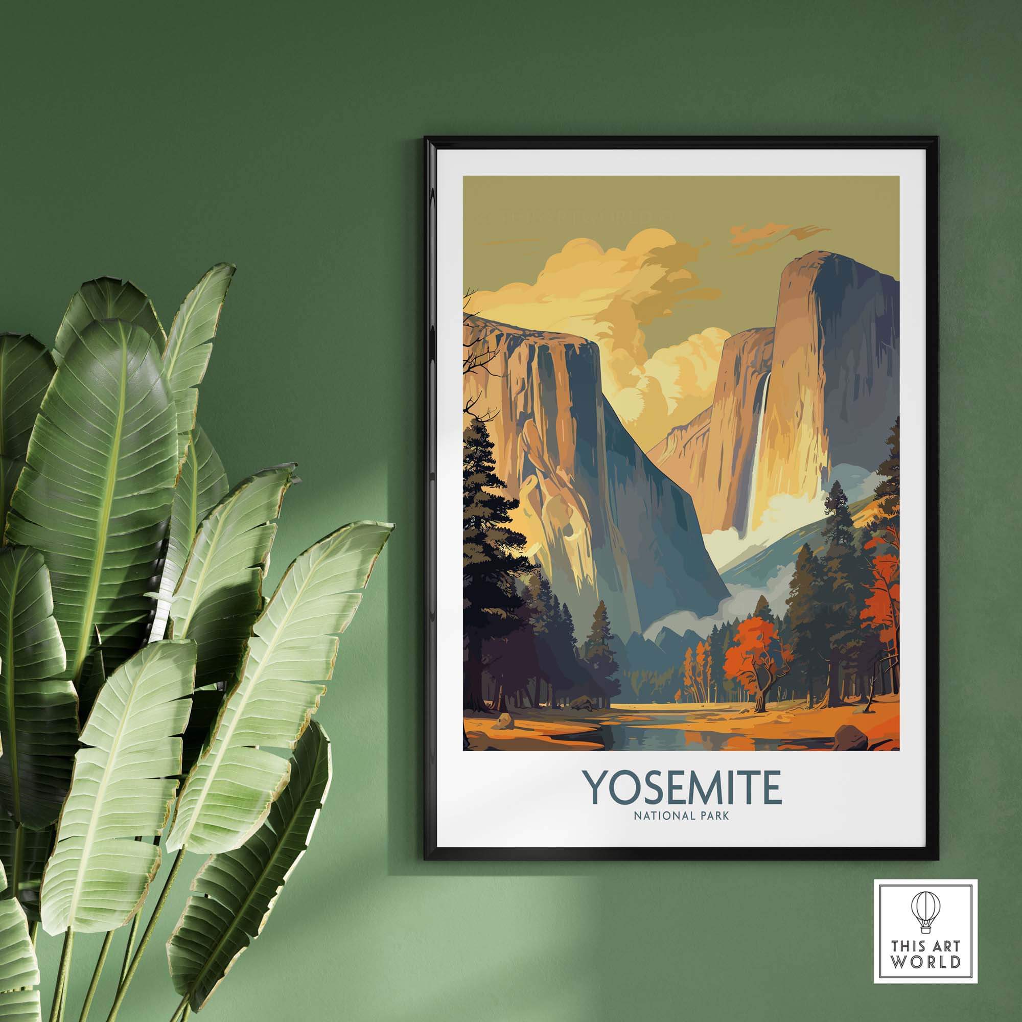Yosemite National Park wall art print showcasing stunning mountains and vibrant trees, perfect for nature lovers.