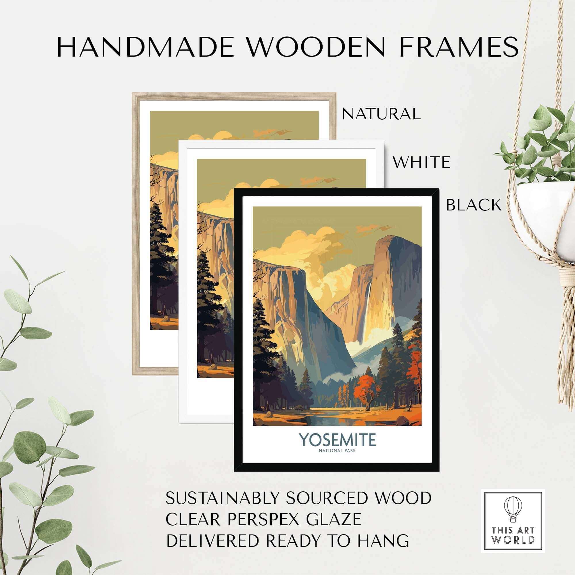Handmade wooden frames for Yosemite wall art in natural, white, and black finishes, ready to hang with sustainable materials.