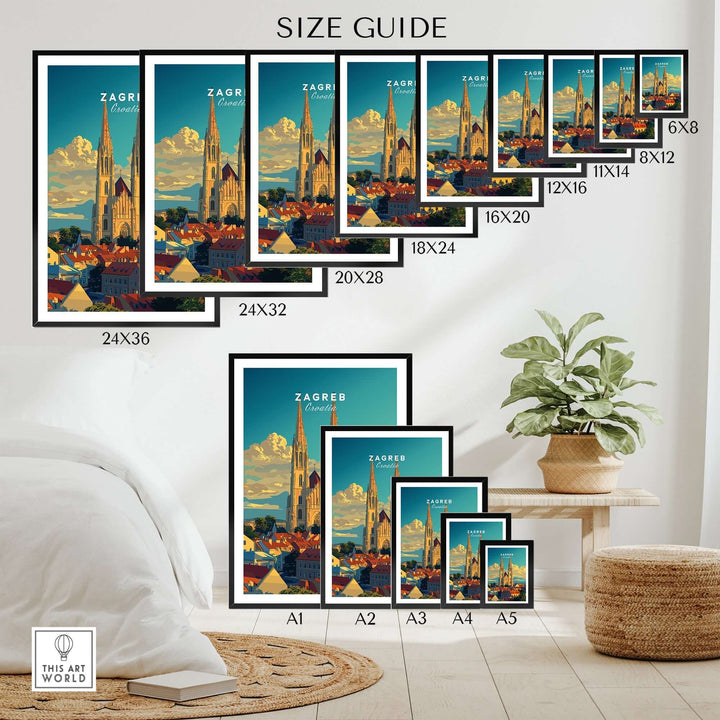 Size guide for Zagreb Croatia poster showcasing various frame dimensions and design in a stylish living room setting.