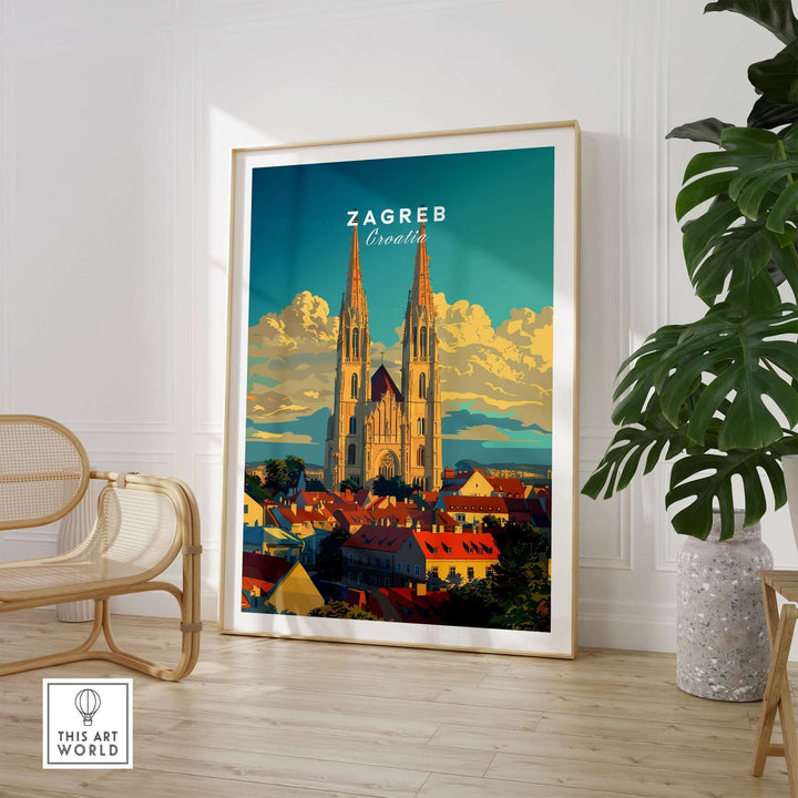 Zagreb Croatia poster showcasing the city's skyline and cathedral, perfect for home decor and travel enthusiasts.