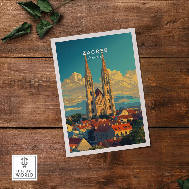 Zagreb Croatia poster showcasing a vibrant cityscape with cathedral, perfect for home or office decor. European charm in print.